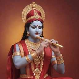 Lord Krishna, the Hindu deity, clothed in a vibrant red dress, adorned with gold jewelry, and playing his signature flute against a serene background.