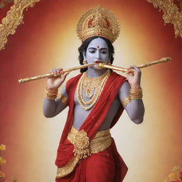 Lord Krishna, the Hindu deity, clothed in a vibrant red dress, adorned with gold jewelry, and playing his signature flute against a serene background.