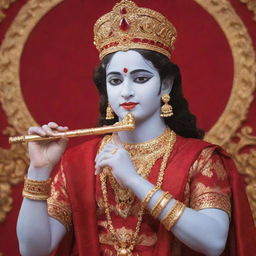 Lord Krishna, the Hindu deity, clothed in a vibrant red dress, adorned with gold jewelry, and playing his signature flute against a serene background.