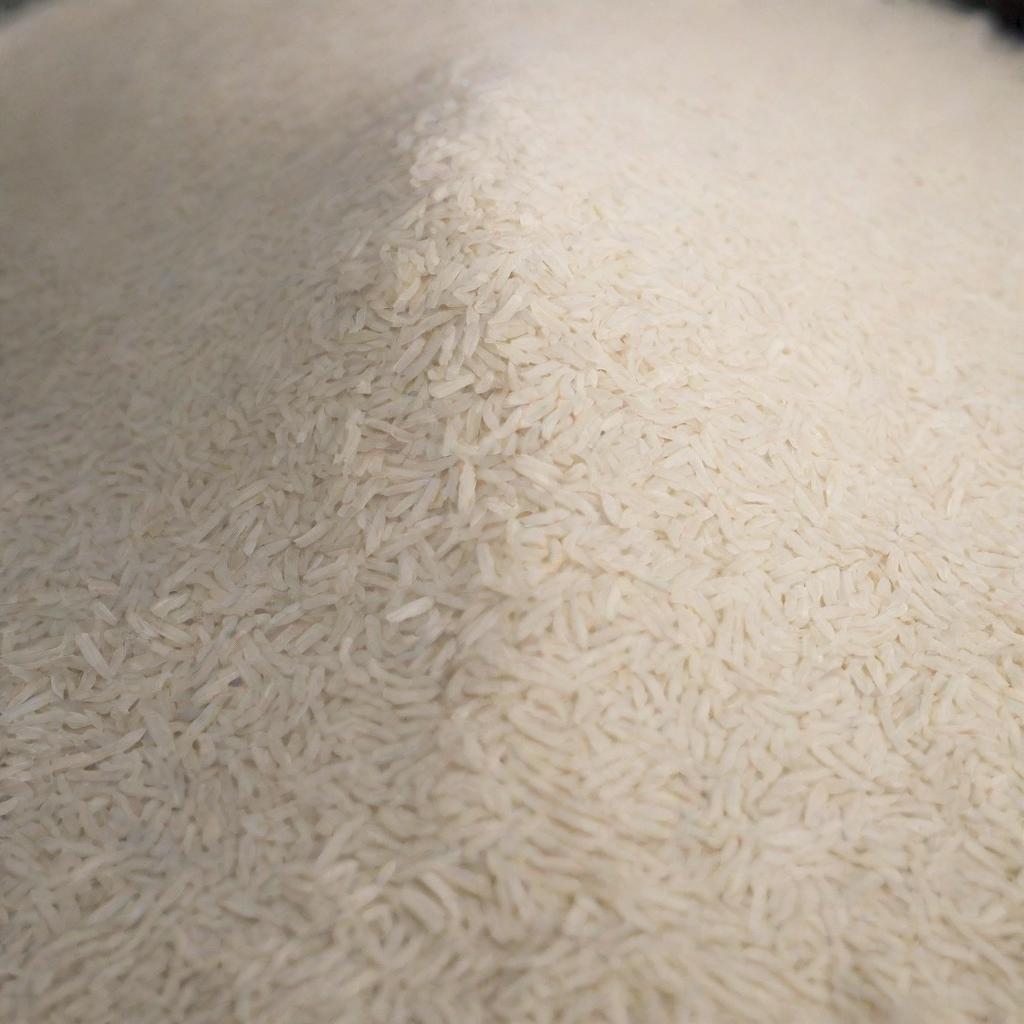 A large quantity of Basmati rice is displayed, highlighting the abundant amount of its long, slender, pearly white grains.