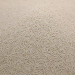 A large quantity of Basmati rice is displayed, highlighting the abundant amount of its long, slender, pearly white grains.