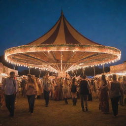 A magical carnival showcasing bohemian customs. Tents with vibrant patchwork designs, artistic performers in eclectic outfits, fire dancers, vintage carousels, and a lively crowd celebrating with music and dance under a star-filled sky.