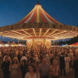 A magical carnival showcasing bohemian customs. Tents with vibrant patchwork designs, artistic performers in eclectic outfits, fire dancers, vintage carousels, and a lively crowd celebrating with music and dance under a star-filled sky.