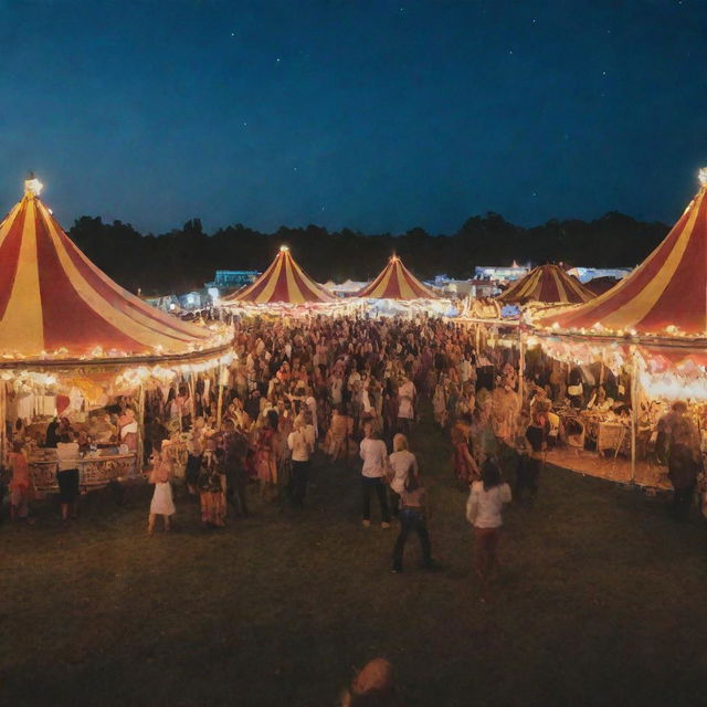 A magical carnival showcasing bohemian customs. Tents with vibrant patchwork designs, artistic performers in eclectic outfits, fire dancers, vintage carousels, and a lively crowd celebrating with music and dance under a star-filled sky.