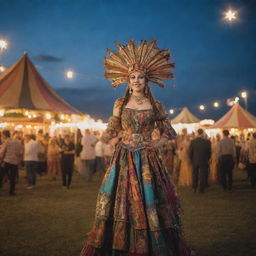 A magical carnival showcasing bohemian customs. Tents with vibrant patchwork designs, artistic performers in eclectic outfits, fire dancers, vintage carousels, and a lively crowd celebrating with music and dance under a star-filled sky.