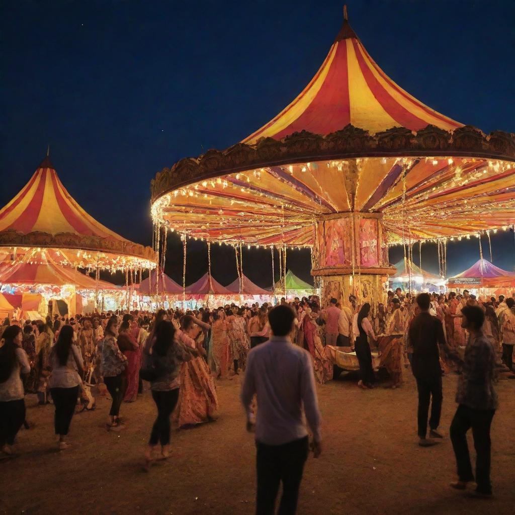 A dazzling magical carnival imbued with bohemian customs. Colorful tents with folk artwork, exotic performers in flamboyant outfits, rhythmic music filling the air, and a joyous crowd dancing merrily under twinkling fairy lights.