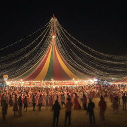 A dazzling magical carnival imbued with bohemian customs. Colorful tents with folk artwork, exotic performers in flamboyant outfits, rhythmic music filling the air, and a joyous crowd dancing merrily under twinkling fairy lights.