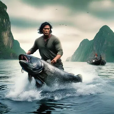 In the blockbuster film 'Sea Warriors', the protagonist embarks on a perilous journey to catch the legendary sea bass and save their village.