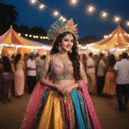 A dazzling magical carnival imbued with bohemian customs. Colorful tents with folk artwork, exotic performers in flamboyant outfits, rhythmic music filling the air, and a joyous crowd dancing merrily under twinkling fairy lights.