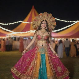 A dazzling magical carnival imbued with bohemian customs. Colorful tents with folk artwork, exotic performers in flamboyant outfits, rhythmic music filling the air, and a joyous crowd dancing merrily under twinkling fairy lights.