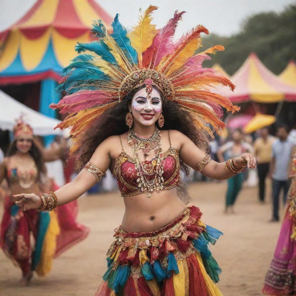 A lively carnival with bohemian customs. People dancing joyfully in eclectic outfits, rhythmic music filling the air, bright, colorful tents showcasing various performances, and merrymakers enjoying the best moments of their lives.