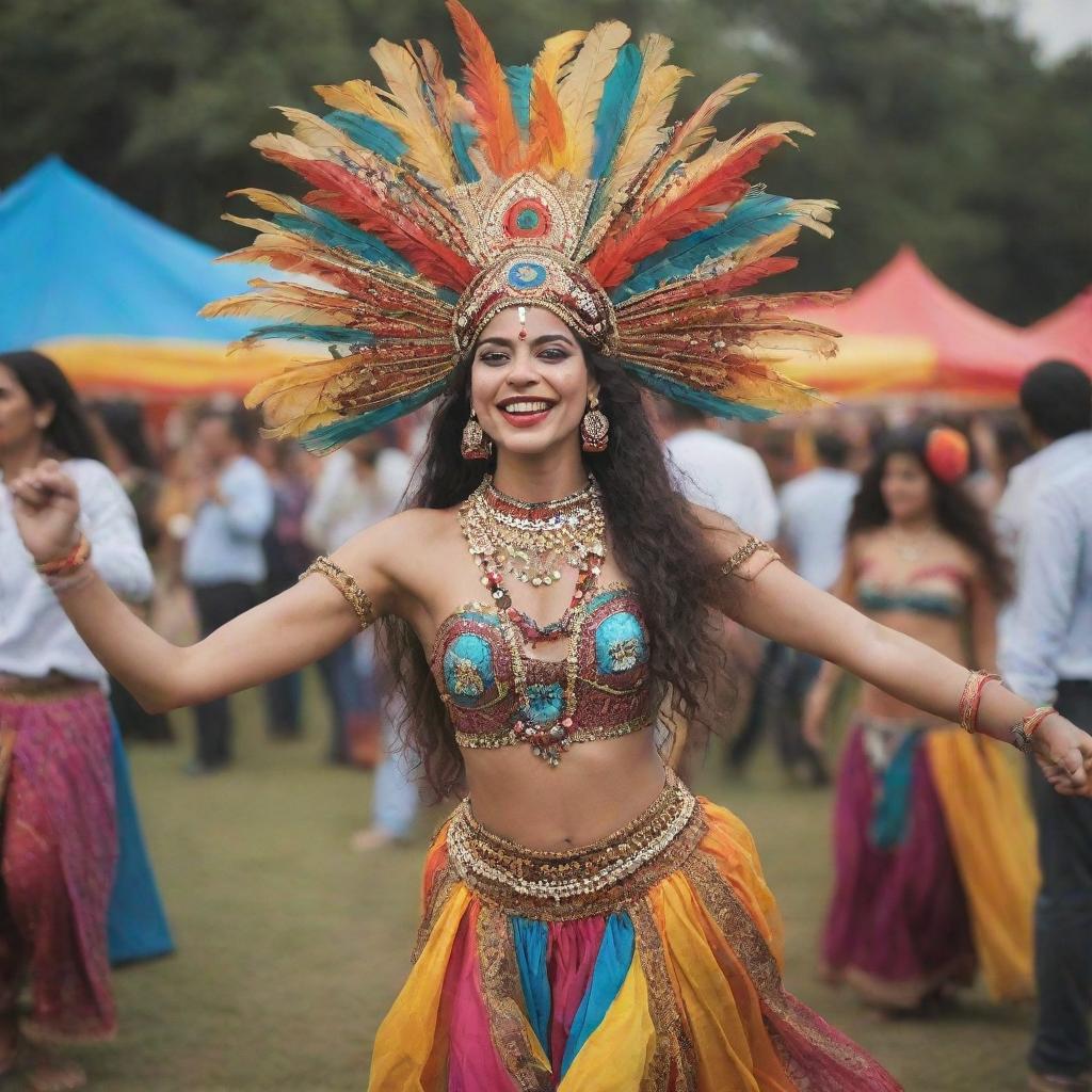 A lively carnival with bohemian customs. People dancing joyfully in eclectic outfits, rhythmic music filling the air, bright, colorful tents showcasing various performances, and merrymakers enjoying the best moments of their lives.