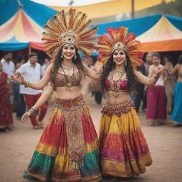 A lively carnival with bohemian customs. People dancing joyfully in eclectic outfits, rhythmic music filling the air, bright, colorful tents showcasing various performances, and merrymakers enjoying the best moments of their lives.