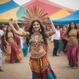 A lively carnival with bohemian customs. People dancing joyfully in eclectic outfits, rhythmic music filling the air, bright, colorful tents showcasing various performances, and merrymakers enjoying the best moments of their lives.