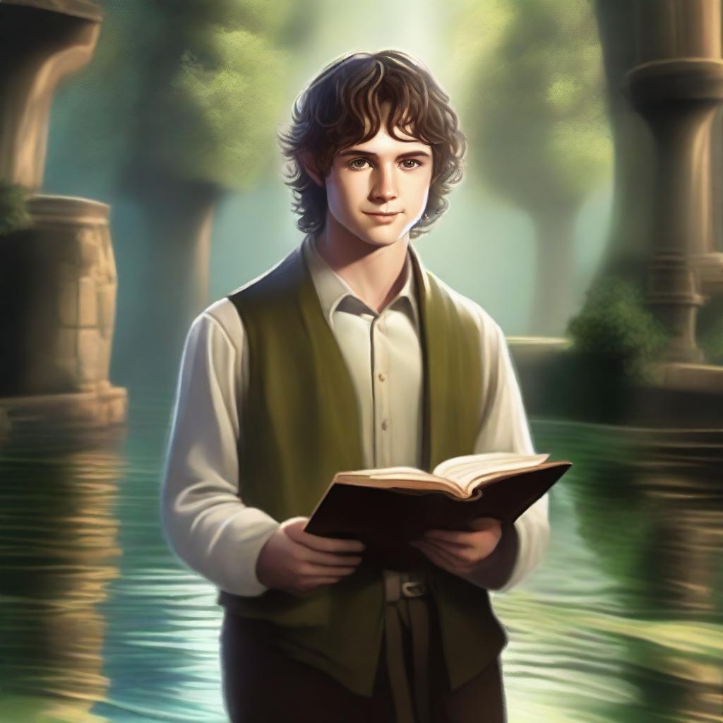 Create a digital art image of a young man, a hobbit cleric from the trickery domain