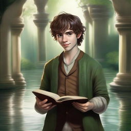 Create a digital art image of a young man, a hobbit cleric from the trickery domain