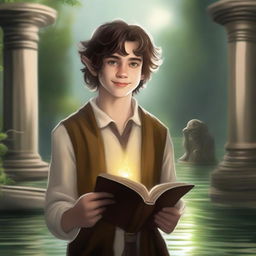 Create a digital art image of a young man, a hobbit cleric from the trickery domain