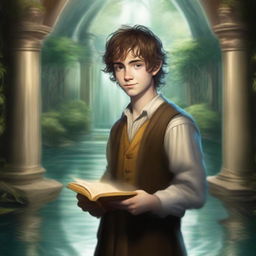 Create a digital art image of a young man, a hobbit cleric from the trickery domain