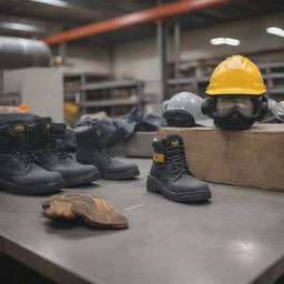 A metal-based company prioritizing safety, featuring K3 safety equipment such as helmets, gloves, safety boots, and safety goggles in an industrial setting