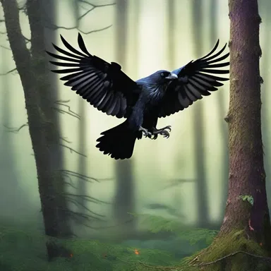 In the enchanted forest, the caw of a raven echoed through the air, signaling the presence of magical creatures.