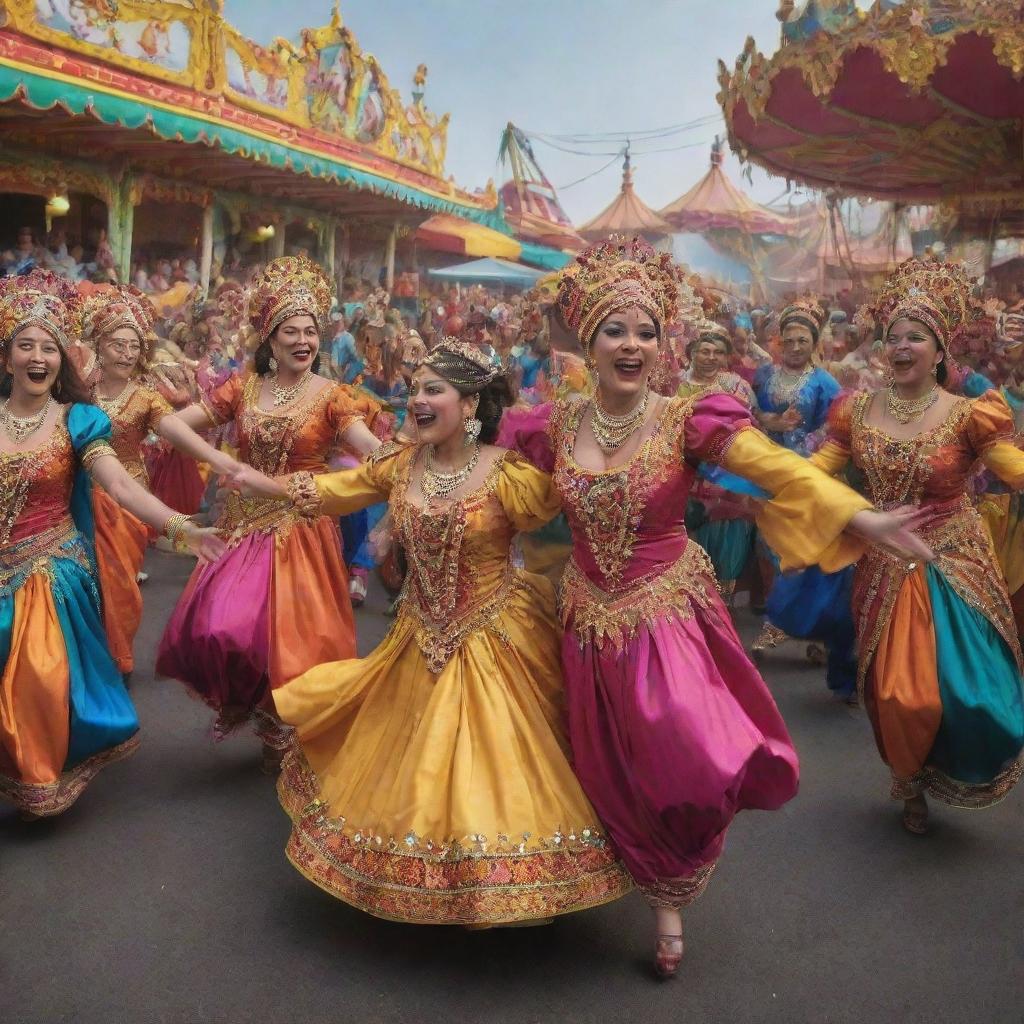 A thrilling carnival scenario. People of various cultures dancing happily, traditional costumes creating a riot of colors, foot-tapping music, rides, food stalls, and joyous laughter. A setting where everyone is having the time of their lives.