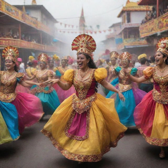 A thrilling carnival scenario. People of various cultures dancing happily, traditional costumes creating a riot of colors, foot-tapping music, rides, food stalls, and joyous laughter. A setting where everyone is having the time of their lives.