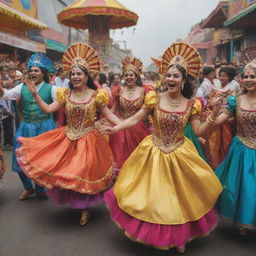 A thrilling carnival scenario. People of various cultures dancing happily, traditional costumes creating a riot of colors, foot-tapping music, rides, food stalls, and joyous laughter. A setting where everyone is having the time of their lives.