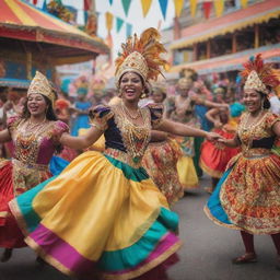 A thrilling carnival scenario. People of various cultures dancing happily, traditional costumes creating a riot of colors, foot-tapping music, rides, food stalls, and joyous laughter. A setting where everyone is having the time of their lives.