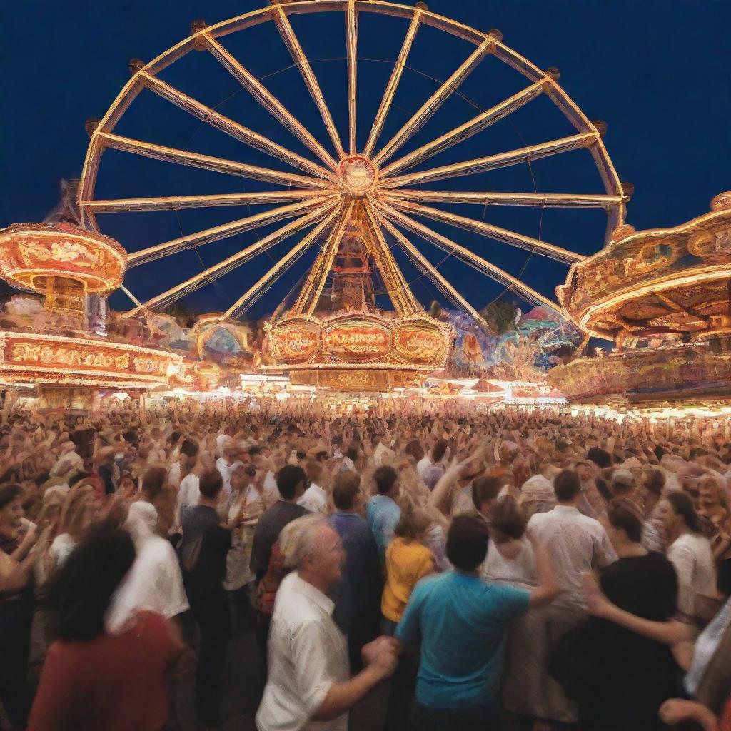 A vibrant carnival scene. People dancing with uninhibited joy, music playing energetically, laughter and cheers filling the air, flashing lights from Ferris wheels and carousels, creating the atmosphere of everyone having the time of their lives.