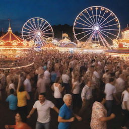 A vibrant carnival scene. People dancing with uninhibited joy, music playing energetically, laughter and cheers filling the air, flashing lights from Ferris wheels and carousels, creating the atmosphere of everyone having the time of their lives.