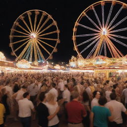 A vibrant carnival scene. People dancing with uninhibited joy, music playing energetically, laughter and cheers filling the air, flashing lights from Ferris wheels and carousels, creating the atmosphere of everyone having the time of their lives.