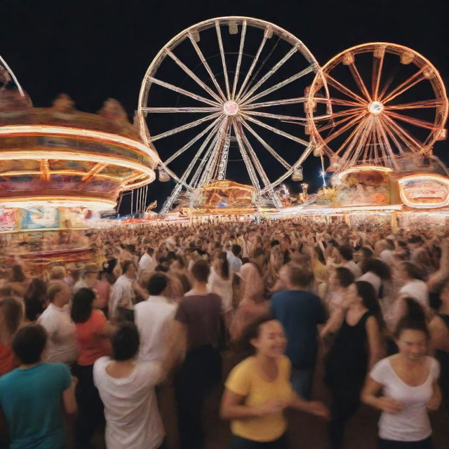 A vibrant carnival scene. People dancing with uninhibited joy, music playing energetically, laughter and cheers filling the air, flashing lights from Ferris wheels and carousels, creating the atmosphere of everyone having the time of their lives.