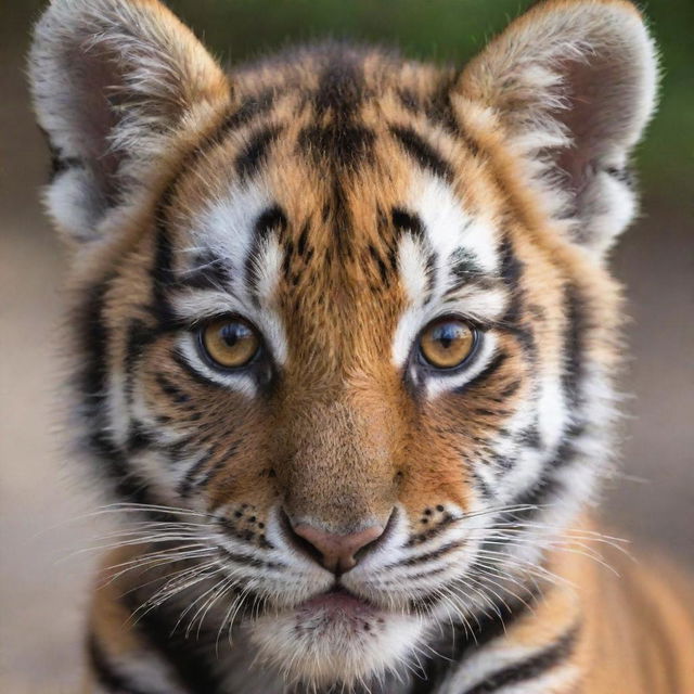 An adorable tiger cub with bright orange fur and black stripes, its innocent eyes sparkling with curiosity.