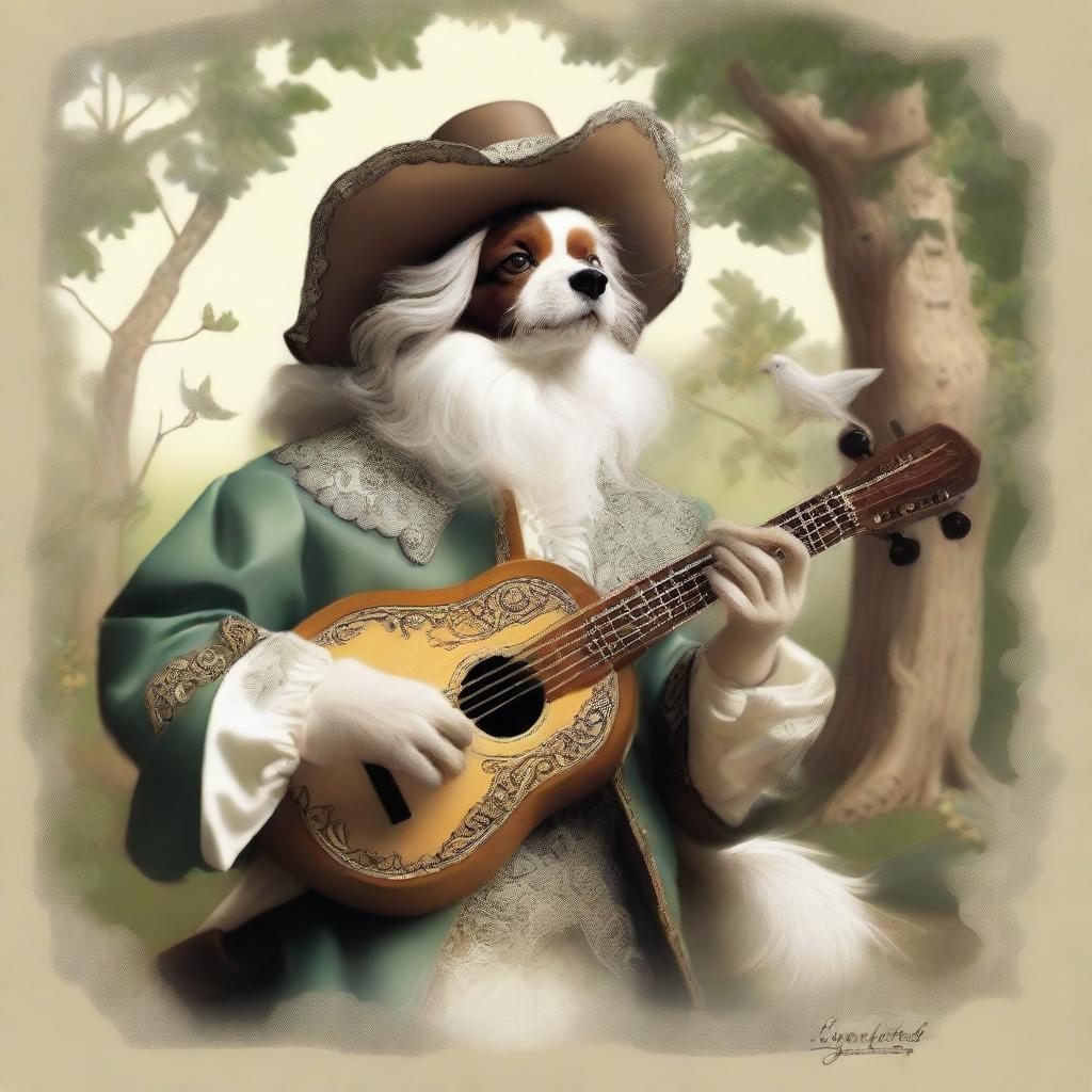 A joyful bard, adorned in a cavalier’s hat, is basking in the warm sunlight