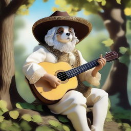 A joyful bard, adorned in a cavalier’s hat, is basking in the warm sunlight