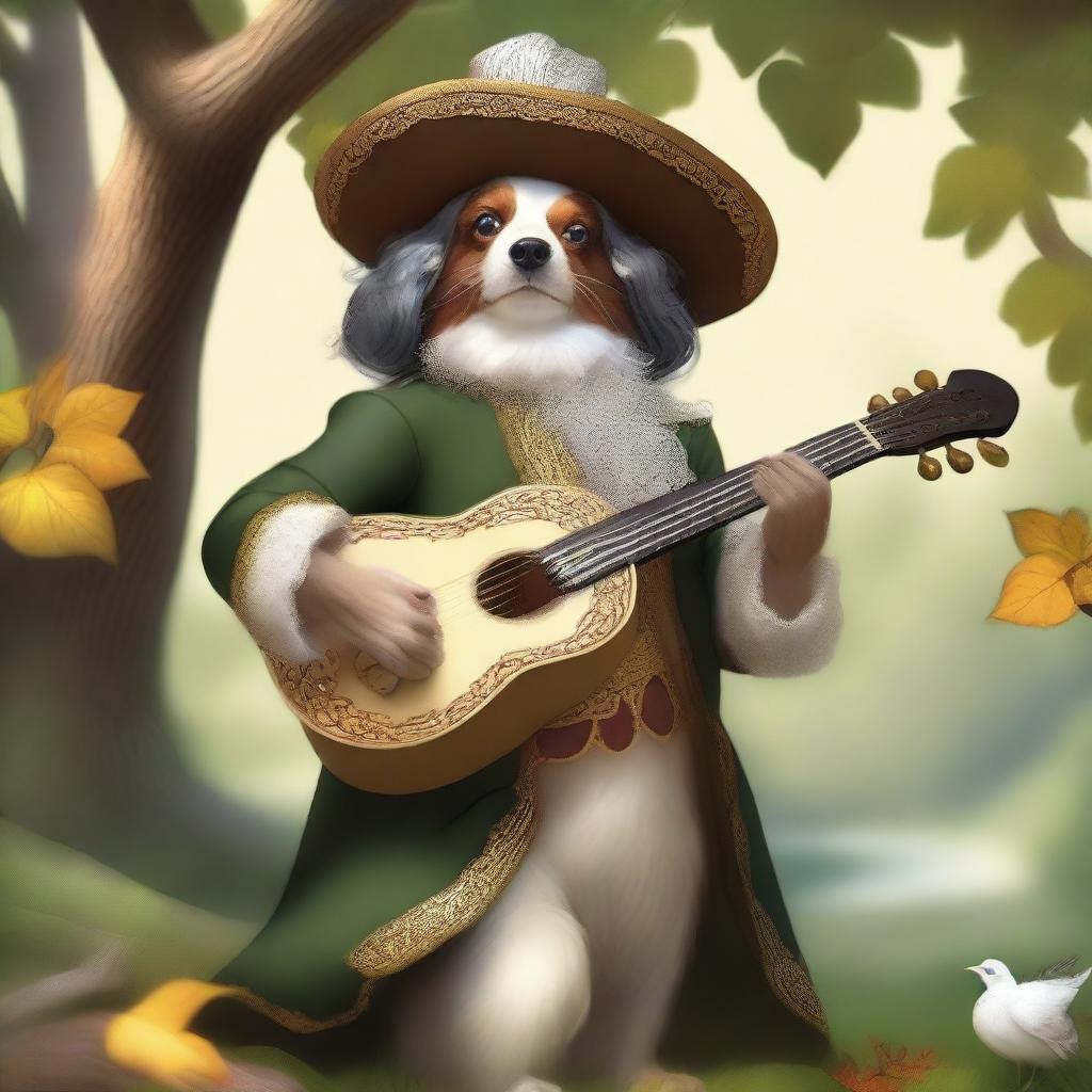 A joyful bard, adorned in a cavalier’s hat, is basking in the warm sunlight