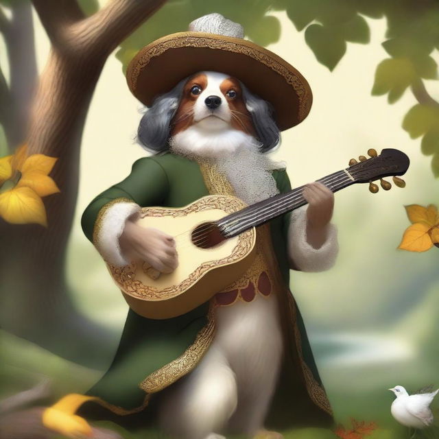 A joyful bard, adorned in a cavalier’s hat, is basking in the warm sunlight