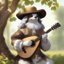 A joyful bard, adorned in a cavalier’s hat, is basking in the warm sunlight