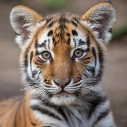 An adorable tiger cub with bright orange fur and black stripes, its innocent eyes sparkling with curiosity.