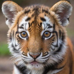 An adorable tiger cub with bright orange fur and black stripes, its innocent eyes sparkling with curiosity.