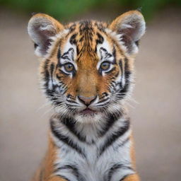 An adorable tiger cub with bright orange fur and black stripes, its innocent eyes sparkling with curiosity.