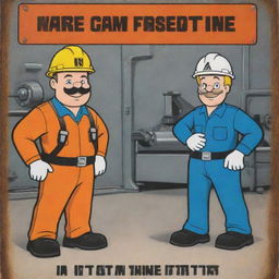 Cartoon characters demonstrating safety protocols in a metal industry on a vividly designed poster.