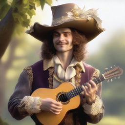 A human bard, wearing a cavalier’s hat, stands in the open air, a soft wind brushing his face