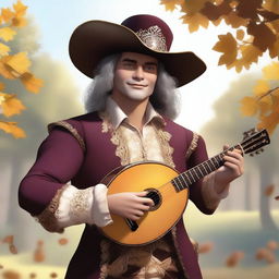 A human bard, wearing a cavalier’s hat, stands in the open air, a soft wind brushing his face