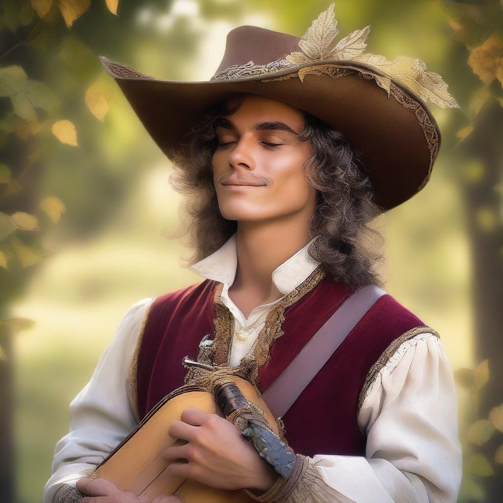 A human bard, wearing a cavalier’s hat, stands in the open air, a soft wind brushing his face