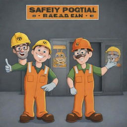 Cartoon characters demonstrating safety protocols in a metal industry on a vividly designed poster.