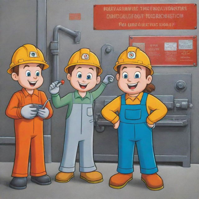 Cartoon characters demonstrating safety protocols in a metal industry on a vividly designed poster.