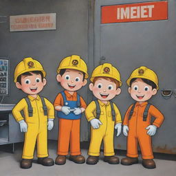 Cartoon characters demonstrating safety protocols in a metal industry on a vividly designed poster.