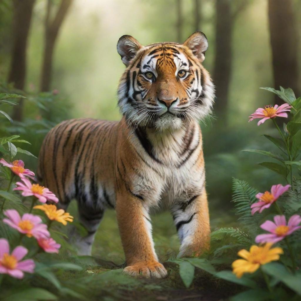 A cute, playful tiger immersed in the vibrant beauty of a serene, sunlit forest, full of lush green trees and flowers.