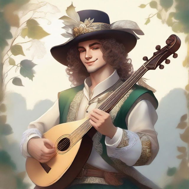 A human bard, adorned with a cavalier’s hat, is smiling as he feels the gentle wind and warm sunlight on his face